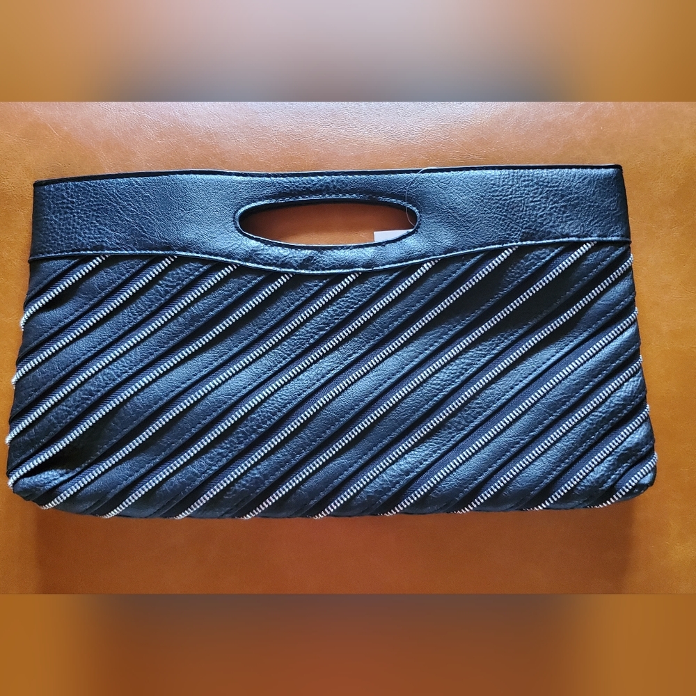 Black leather zippered clutch purse